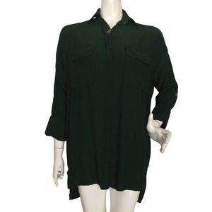FAITHFULL THE BRAND Blouse, 4, Dark Green, Button up, 3/4 Tab sleeves, Pockets